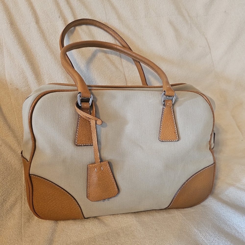 Prada Cream Canvas+Leather Trim Handbag